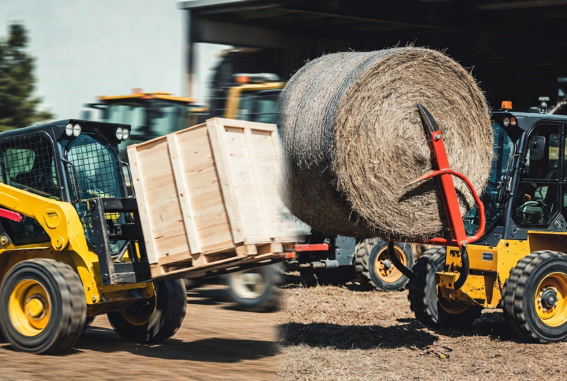 Comparison of a skid steer using pallet forks for a crate and a hay bale spear for a round bale.
