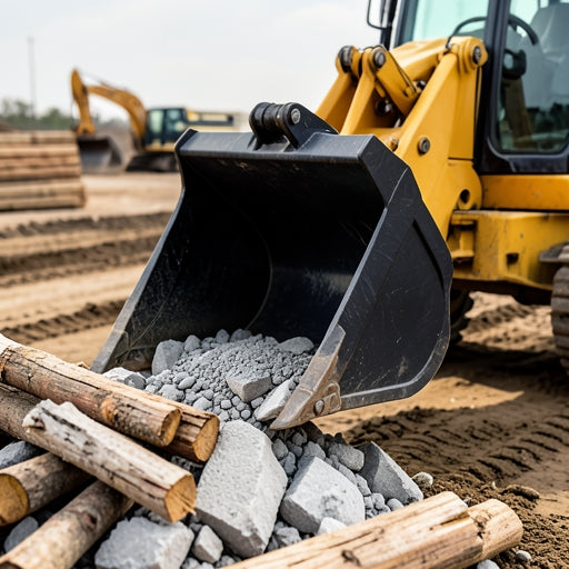 Heavy-duty 4-in-1 skid steer combo bucket grappling construction debris on a job site.