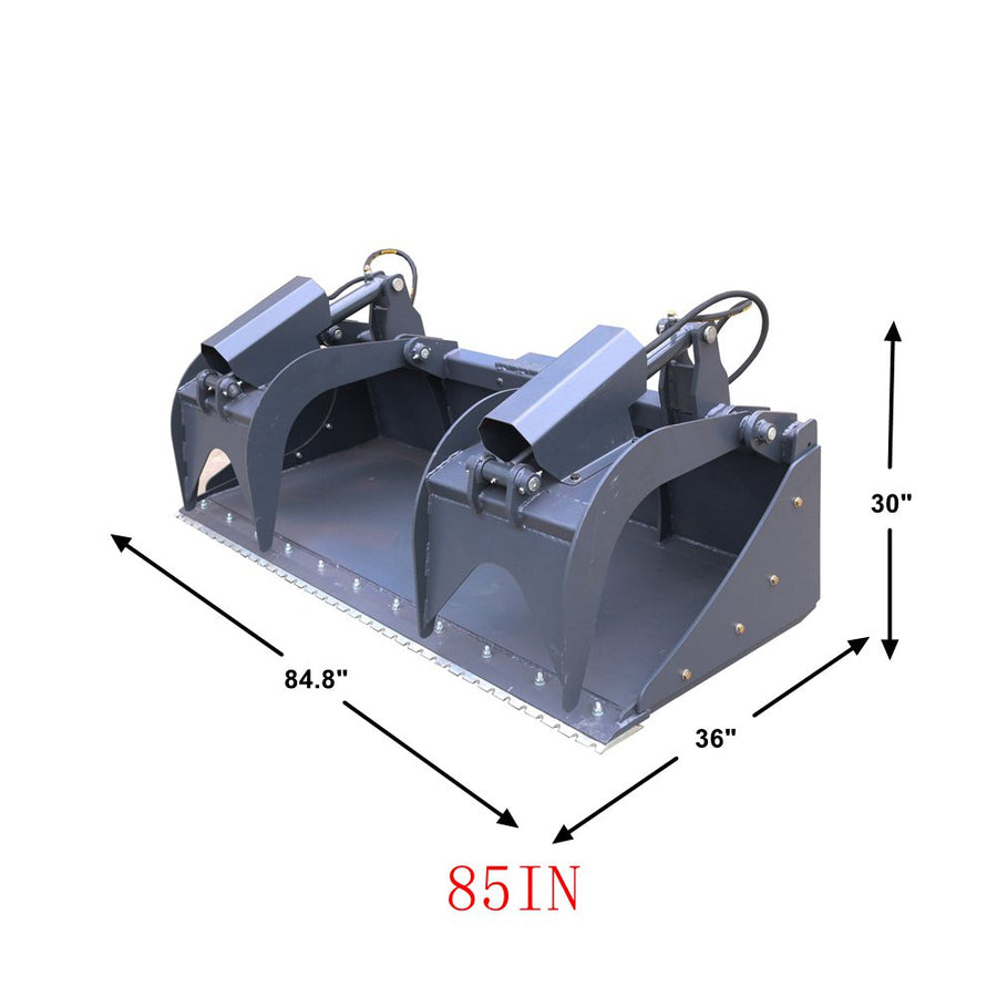 85" Heavy Duty Skid Steer Grapple Bucket Attachment - Dual Independent Arms & Two-Cylinder