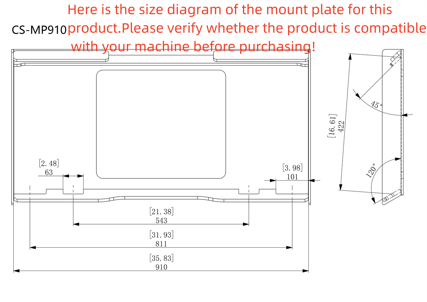 attachMan 35.8" Universal Skid Steer Weld-on Mount Plate with Window - 1/4" Thick Steel
