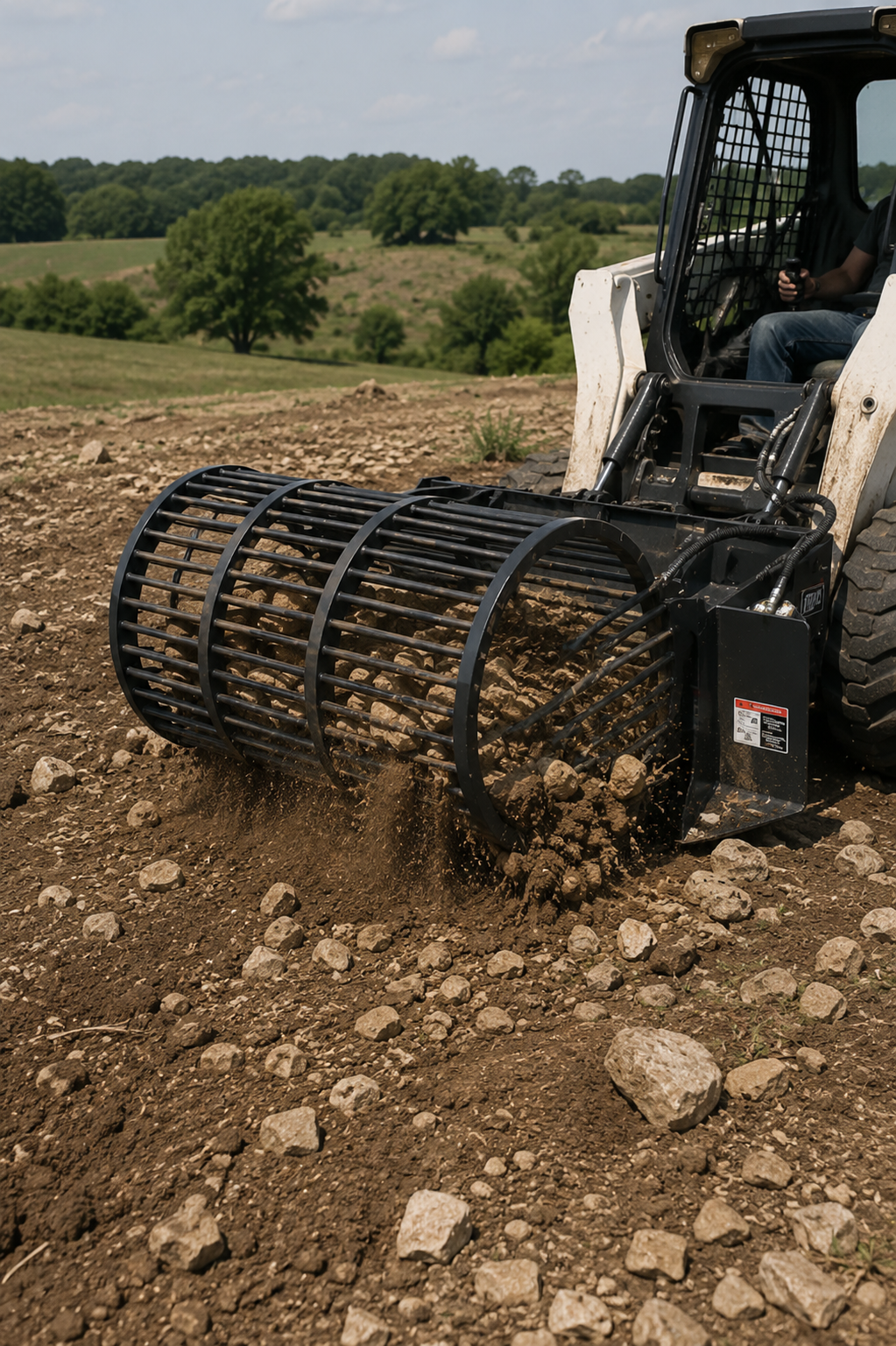 30" Skid Steer Rotary Rock Picker Attachment - 55" Barrel Depth - Universal Mount