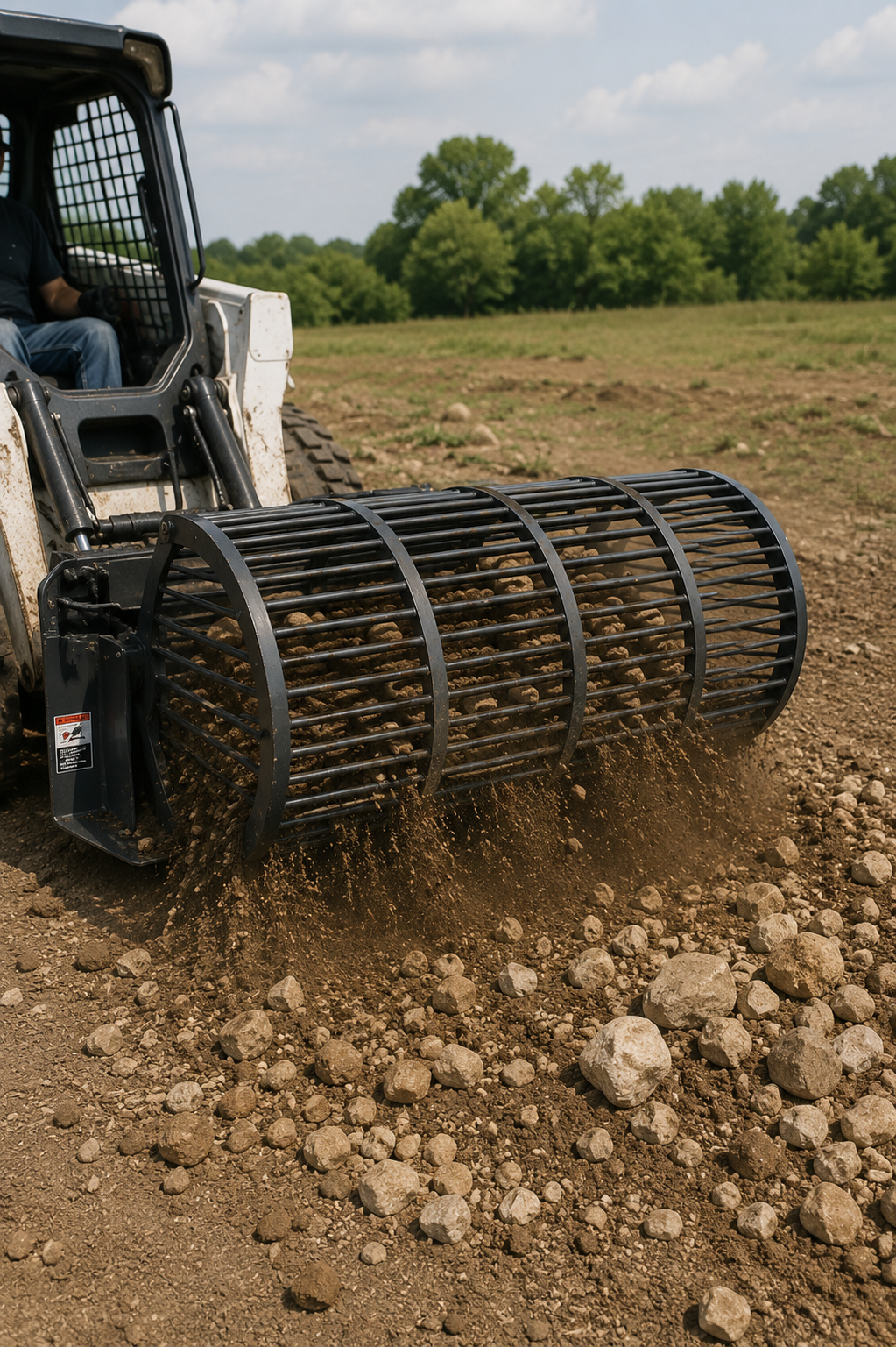 36" Skid Steer Rotary Rock Picker Attachment - 64" Barrel Depth - Universal Mount