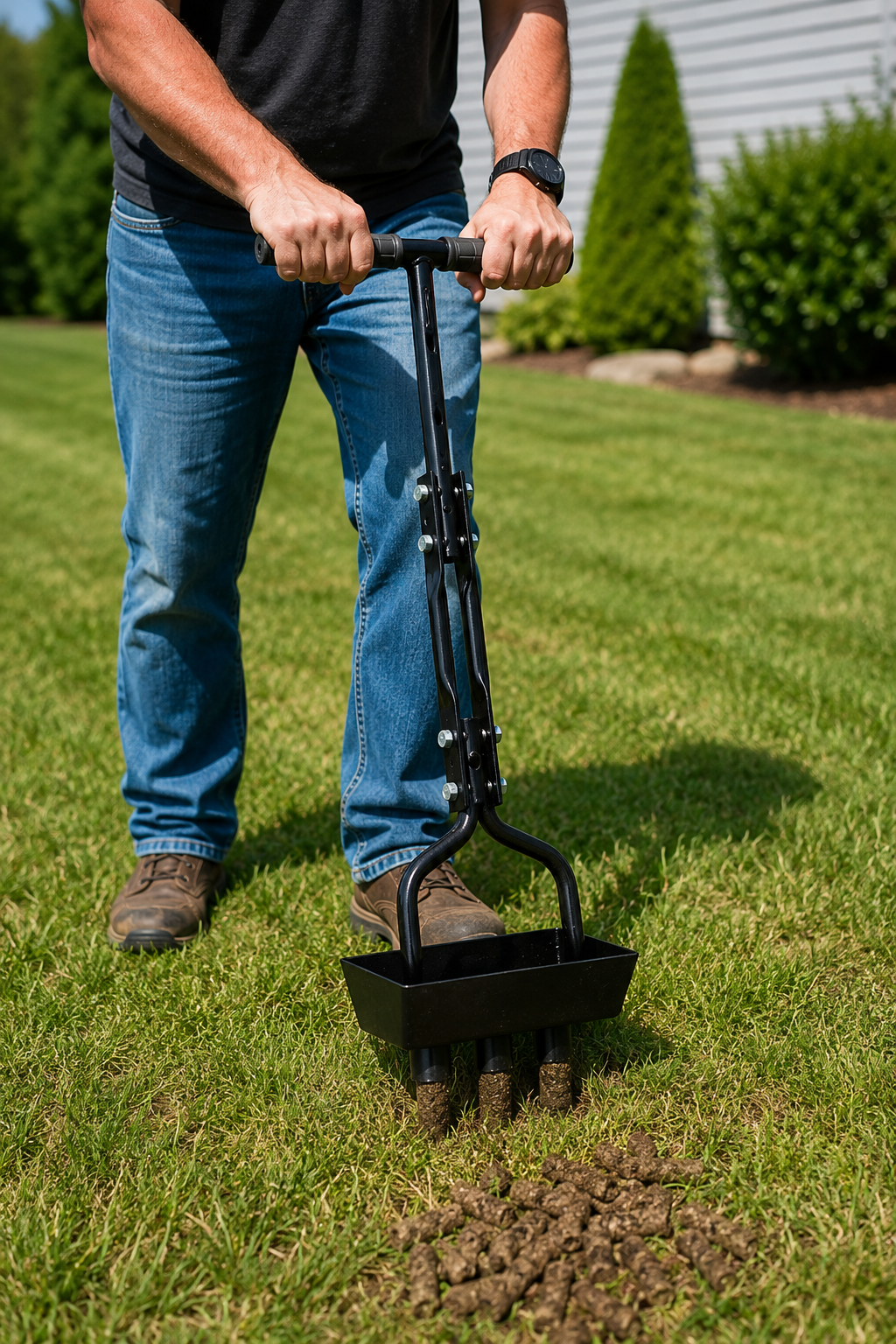 Manual Lawn Aerator with Collection Tray - 3 Hollow Tines Soil Corer Tool