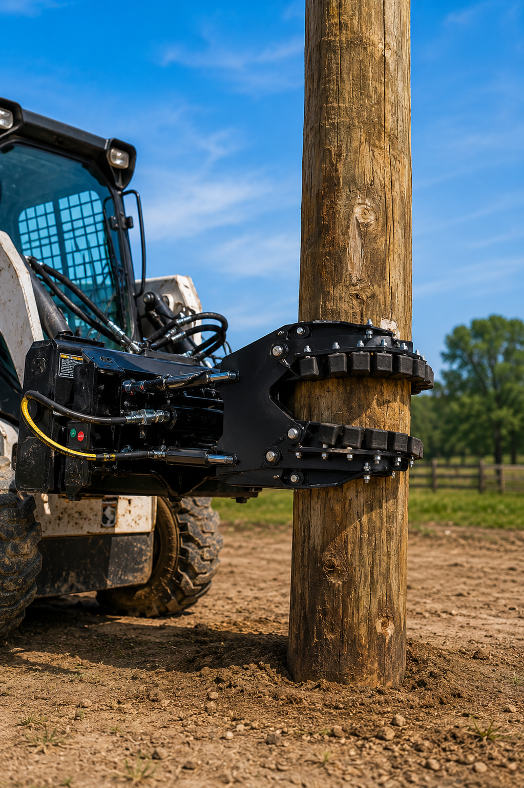 Skid Steer Double Cylinder Hydraulic Pole Setter & Rotating Pole Claw Attachment