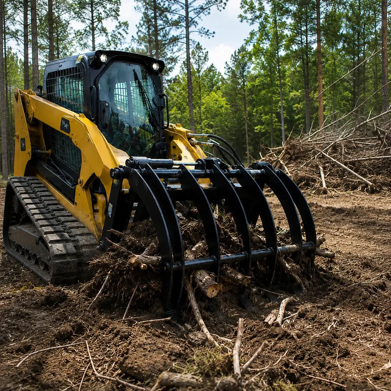 72" Extreme-Duty Skid Steer Root Rake Grapple, Twin Hydraulic Cylinders, Quick Attach